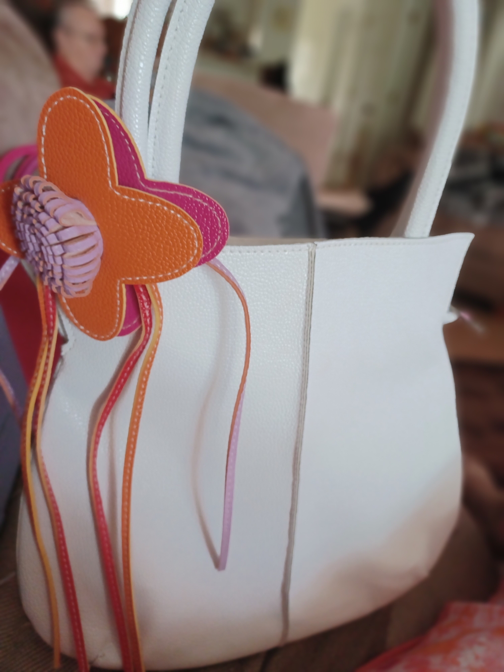 White Vegan Leather Shoulder Tote with Pink & Orange Floral Accent